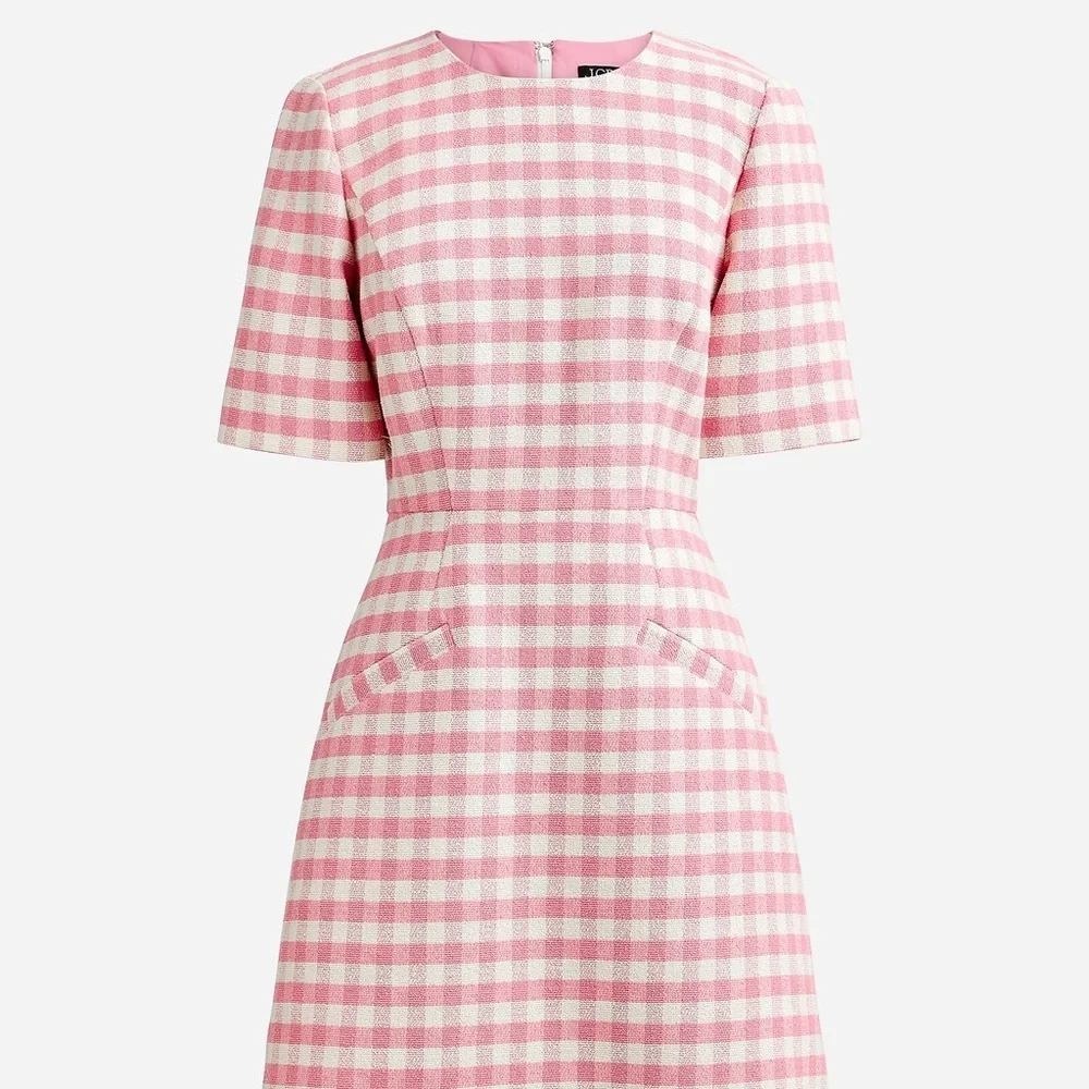J Crew Pink White Gingham Tweed Shift Dress Short Sleeve Pockets NWT 0 Preppy